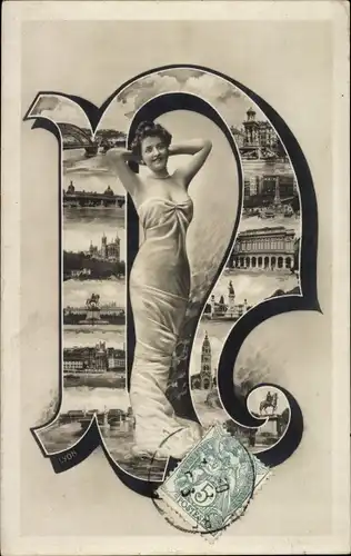 Buchstaben Ak Buchstabe N, Frauenportrait, Lyon Rhône, Stadtansichten