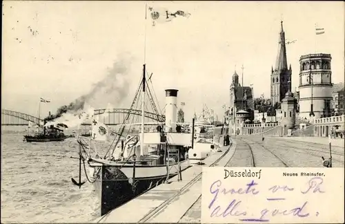 Ak Düsseldorf am Rhein, Neues Rheinufer, Dampfer, Rheinbrücke, Anlegestelle, Stadtbild