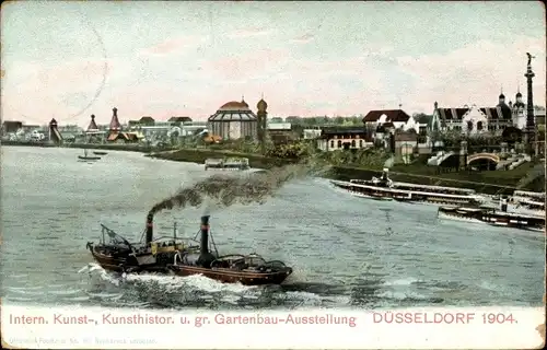 Ak Düsseldorf am Rhein, Ausstellung 1904, Panorama, Dampfer