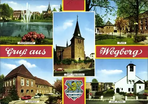 Ak Wegberg Kreis Heinsberg, Burg, Rathaus, evgl. Kirche
