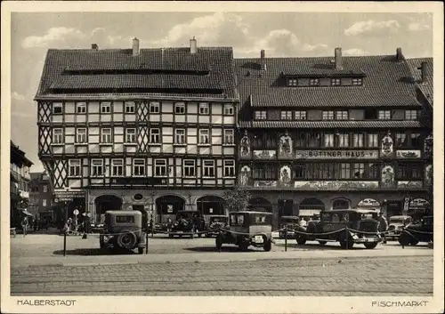 Ak Halberstadt in Sachsen Anhalt, Partie am Fischmarkt, Büttner Haus, Parkplatz, Autos