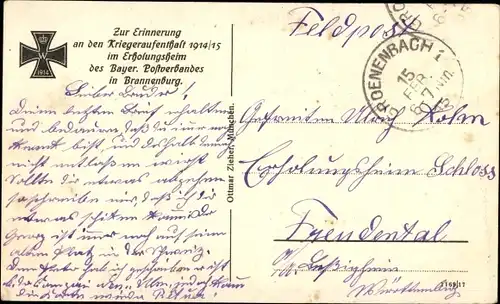 Ak Brannenburg in Oberbayern, Erholungsheim des Bayer. Postverbandes, Kriegeraufenthalt 1914/15