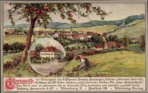 Litho Elbersroth Herrieden in Mittelfranken, Blick zum Ort, Mädchen pflückt Blumen