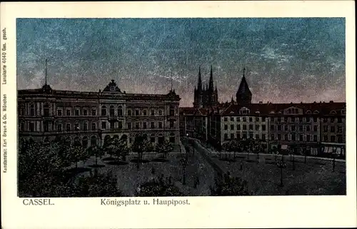 Luna Ak Kassel in Hessen, Königsplatz und Hauptpost, Nacht