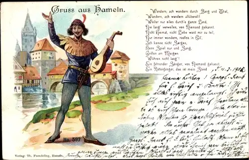 Litho Hameln in Niedersachsen, Rattenfänger mit Laute, Brücke, Kirche