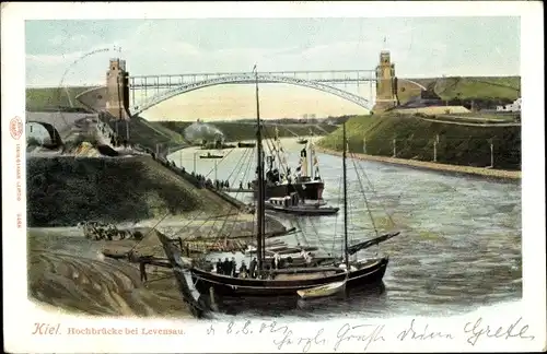 Ak Kiel in Schleswig Holstein, Blick zur Hochbrücke bei Levensau, Schiff am Ufer