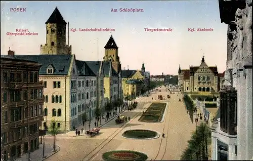 Ak Poznań Posen, Am Schlossplatz, Oberpostdirektion, Landschaftsdirektion, Tiergartenstraße