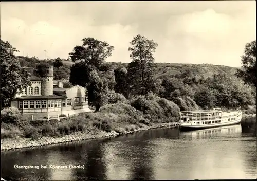Ak Georgsburg Könnern in Sachsen Anhalt, Ausflugsgaststätte, Saale, Schiff