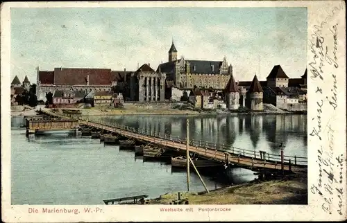 Ak Malbork Marienburg Westpreußen, Westseite mit Pontonbrücke