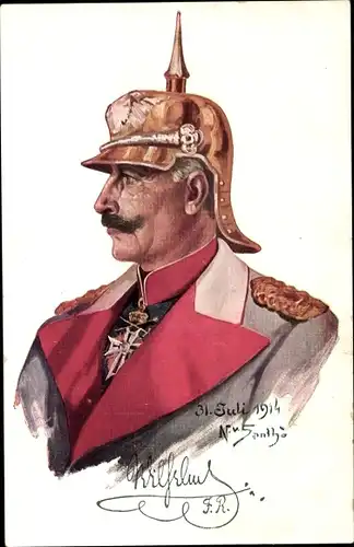 Künstler Ak Kaiser Wilhelm II., Portrait mit Pickelhaube, Mantel