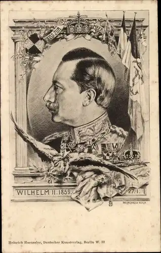 Ak Vom Fels zum Meer, Kaiser Wilhelm II., Portrait, Adler, Fahnen