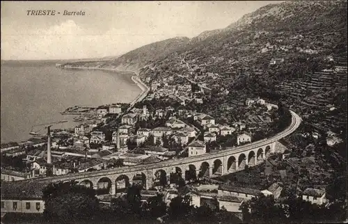 Ak Triest Friuli Venezia Giulia, Barrola, Panoramablick auf die Stadt, Bahnstrecke, Viadukt