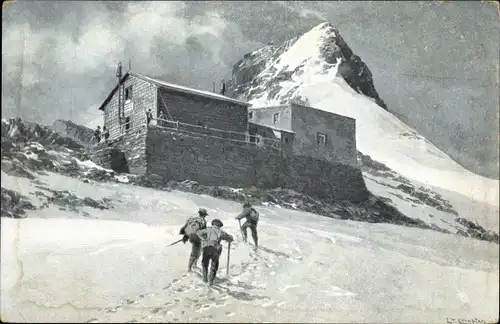 Ak Heiligenblut am Großglockner in Kärnten, Erzherzog Johann Hütte, Bergsteiger im Schnee