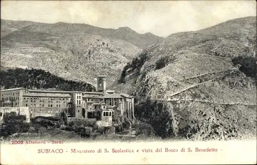 Ak Subiaco Lazio Italien, Monastero di S. Scolastica e vista del Bosco di S. Benedetto