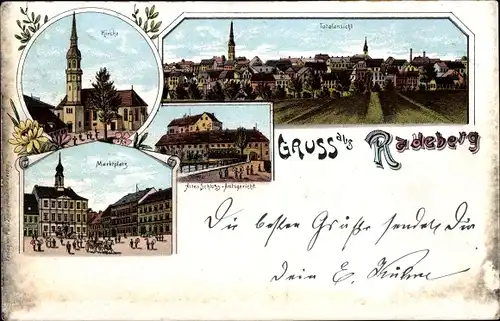 Litho Radeberg Sachsen, Gruss, Panorama, Marktplatz, Kirche