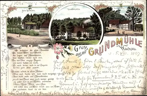 Litho Wachau Sachsen, Gruß aus der Grundmühle, Alte Scheune, Gartenhaus