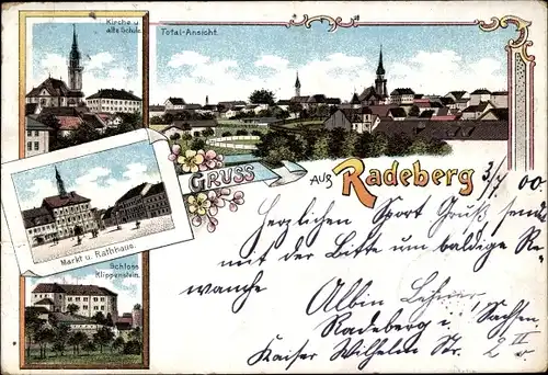 Litho Radeberg Kr. Bautzen Sachsen, Kirche und alte Schule, Markt und Rathaus, Schloss Klippenstein