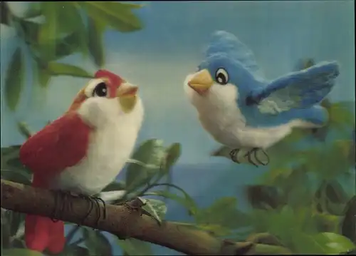 3 D Ak Two Birds, Ein blauer und ein roter Vogel auf einem Zweig