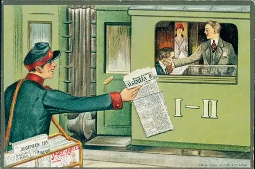 Künstler Ak Zeitungsverkäufer am Bahnsteig, Zug, Fahrgäste, Algemeen Handelsblad, Reklame