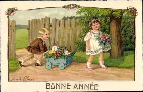 Künstler Ak Ebner, Pauli, Glückwunsch Neujahr, Kinder, Blumen, Geschenke