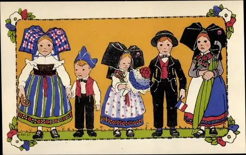 Künstler Ak Hansi, Kinder in Elsässer und Lothringer Volkstrachten