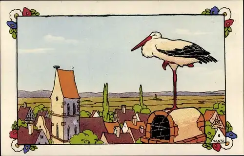 Künstler Ak Hansi, Storch auf einem Schornstein