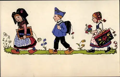Künstler Ak Hansi, Kinder in Elsässer Tracht, Flügelhaube, Holzschuhe