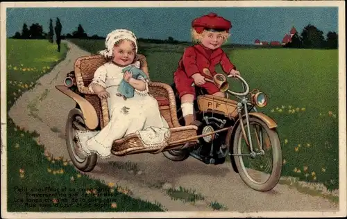 Präge Litho Junge und Mädchen auf einem Motorrad mit Beiwagen