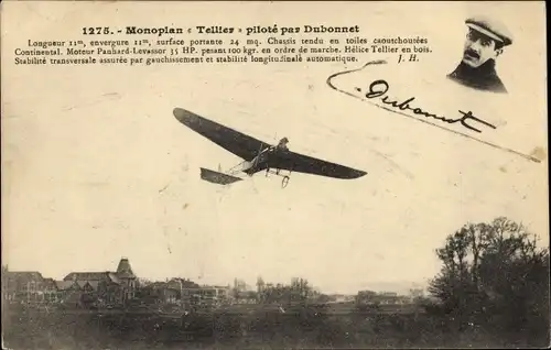 Ak Monoplan Tellier, Aéroplane, Aviateur, Pilote par Dubonnet