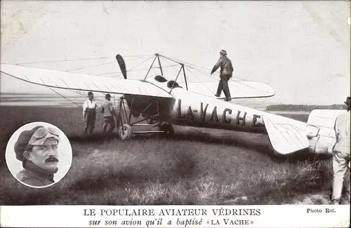 Ak Le Populaire Aviateur Vedrines, Avion La Vache, Flugpionier