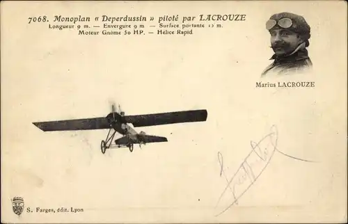 Ak Monoplan Deperdussin, pilote par Marius Lacrouze, Flugpionier, Flugzeug