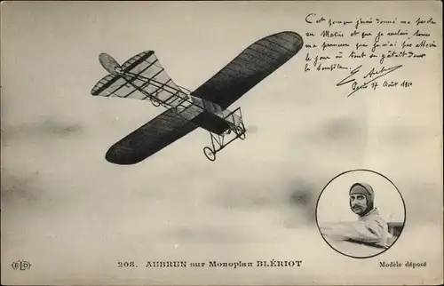 Ak Aubrun sur Monoplan Blériot, Pilot, Flugpionier