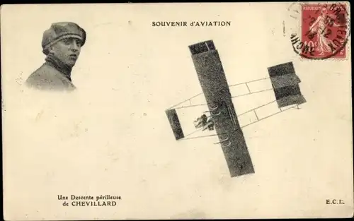 Ak Une Descente perilleuse de Chevillard, Flugpionier, Flugzeug