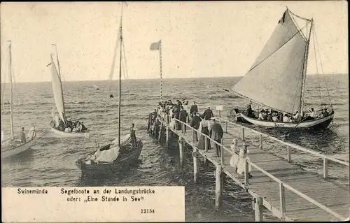 Ak Świnoujście Swinemünde Pommern, Segelboote an der Landungsbrücke