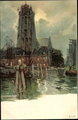 Künstler Ak Cassiers, Henri, Dordrecht Südholland Niederlande, Kanalpartie, Kirche