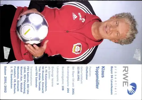 Sammelbild Cheftrainer Klaus Toppmöller, Bayer Leverkusen, Autogramm