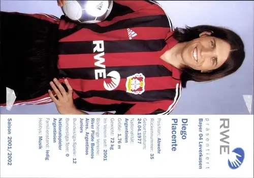 Sammelbild Fußballspieler Diego Placente, Bayer Leverkusen, Autogramm