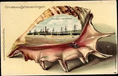 Präge Muschel Litho Scheveningen Den Haag Südholland, Lichttoren met Strand