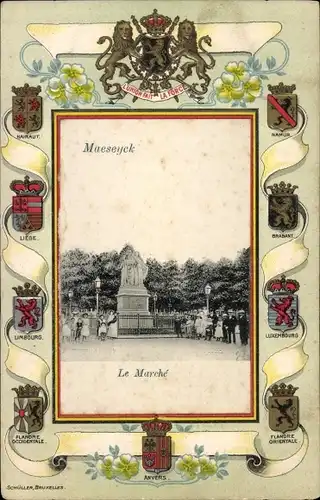 Präge Wappen Passepartout Ak Maaseik Maeseyck Flandern Limburg, Le Marché, monument