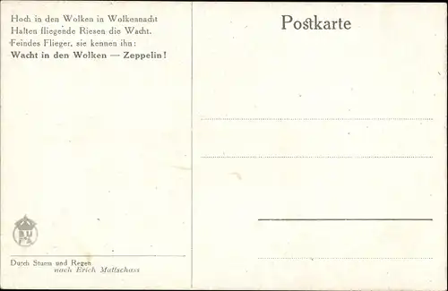 Künstler Ak Matschass, Erich, Wacht in den Wolken, Durch Sturm und Regen, Zeppelin