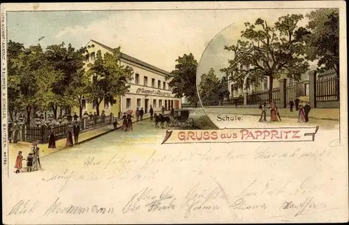 Litho Dresden Schönfeld Weißig Pappritz, Gasthof, Schule