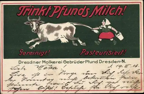 Ak Dresden Neustadt, Reklame, Molkerei Gebrüder Pfund, Frau mit Kuh