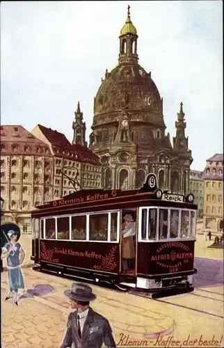 Ak Dresden Zentrum Altstadt, Reklame, Alfred Klemm Kaffee Rösterei, Straßenbahn, Frauenkirche