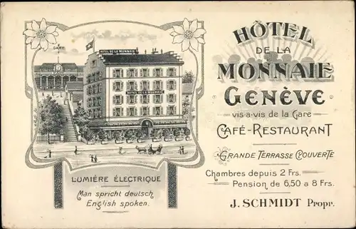 Litho Genève Genf Schweiz, Hotel de la Monnaie, vis-a-vis de la Gare, Propr. J. Schmidt