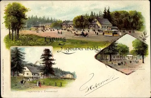 Litho Bielsko Biała Bielitz Biala Oberschlesien, Restaurant im Zigeunerwald, Jägerhaus, Emmenhof