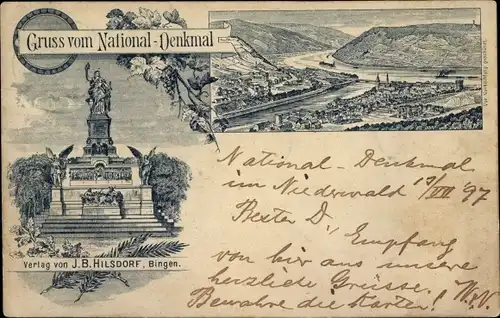 Litho Rüdesheim am Rhein, Niederwald Nationaldenkmal, Panorama Bingen