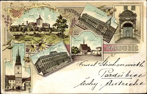 Litho Pardubice Pardubitz Stadt, Zamek, Schloss, Turm, Portal, Kirche, Gebäude