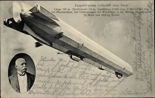 Ak Zeppelin'sches Luftschiff über Basel, Portrait Graf Zeppelin