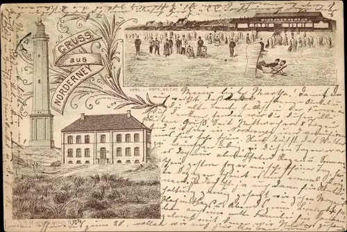 Vorläufer Litho Nordseebad Norderney Ostfriesland, Leuchtturm, Strand