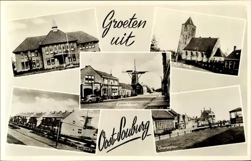 Ak Oost Souburg Zeeland Niederlande, Kanaalstraat, N. H. Kerk, Oranjeplein, Raadhuis, Windmühle